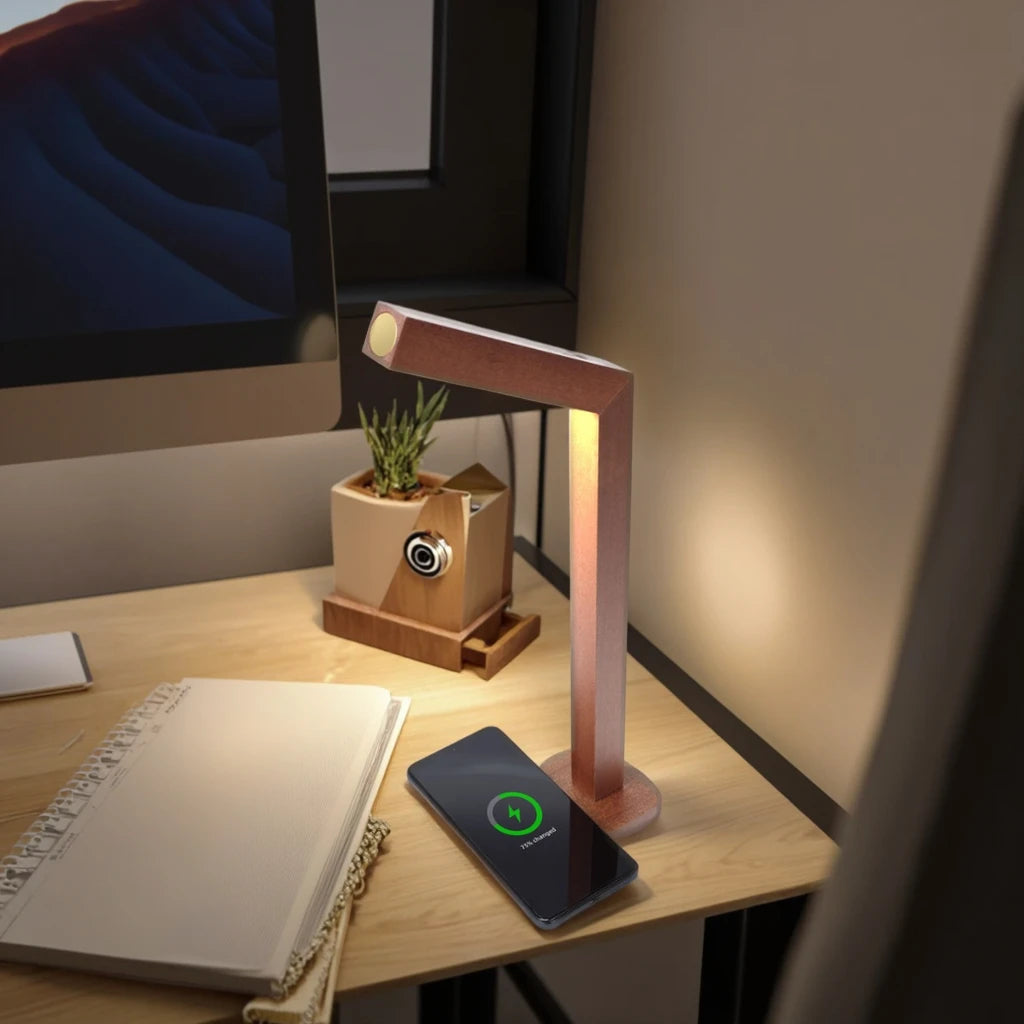 LED Wood Desk Lamp with Wireless Charger Desk Lamps for Home OfficeTouch Control Adjustable Detachable and Convenient Desk Lamp