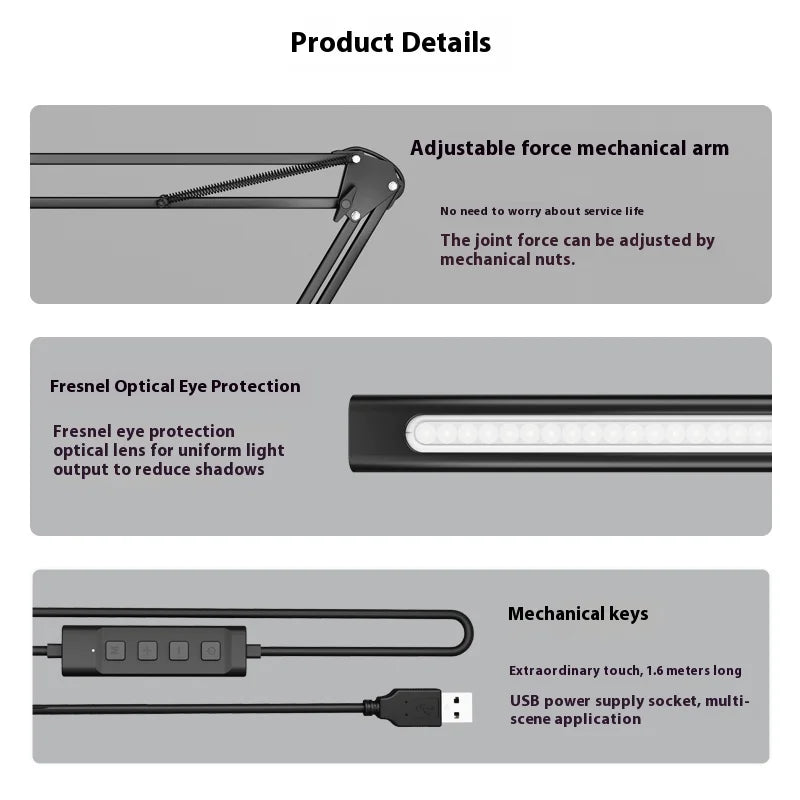 12W Black Metal Desk Lamp with Timer/Memory Function Modern Folding Design for Student Reading AC Power 5V Input
